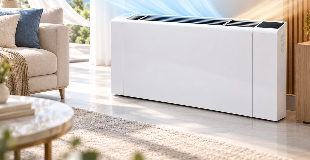 Ultra-slim exposed fan coil unit installed in a living room