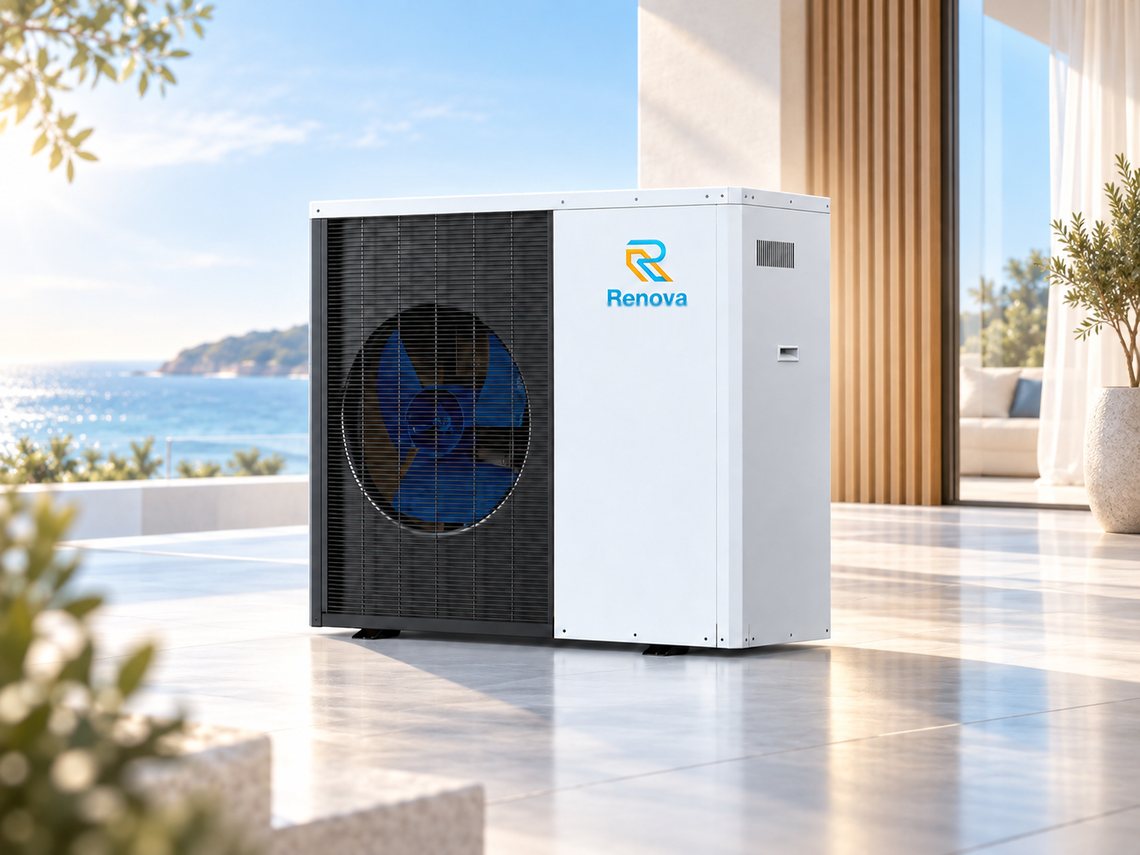 Renova air-to-water heat pump installed beside a seafront terrace